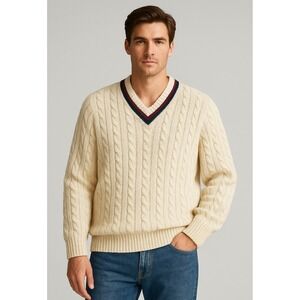 Britches VTG Cable Knit Cricket Tennis Sweater Striped V-Neck Size Large USA